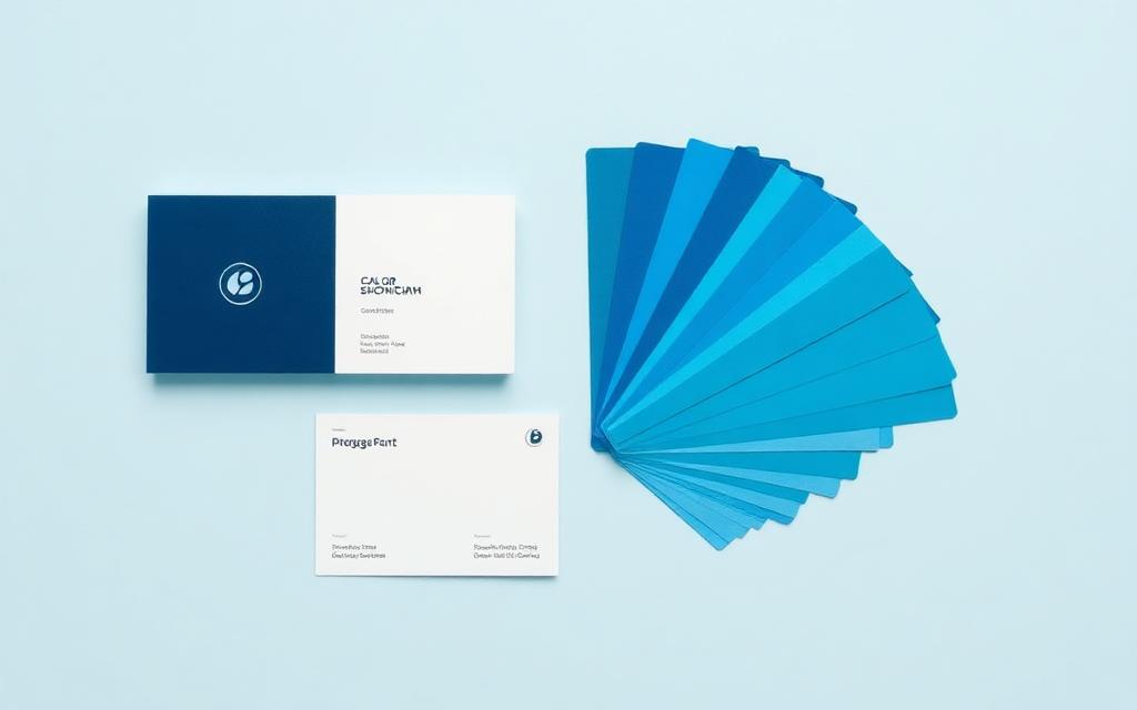 Navy and blue brand identity stationery with a fan of color swatches