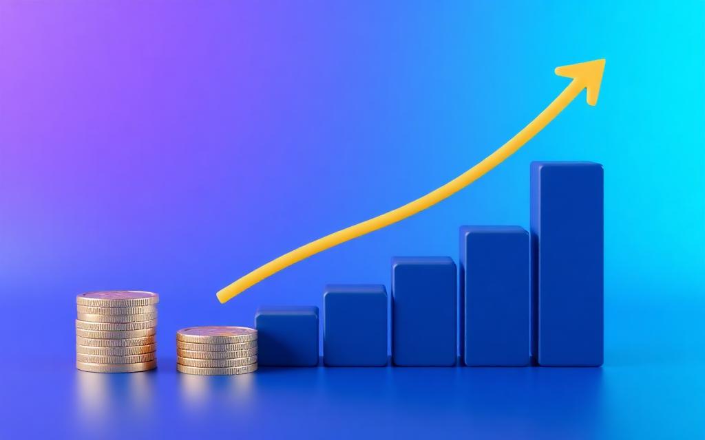Ascending 3D bar chart with a rising arrow and stacks of coins