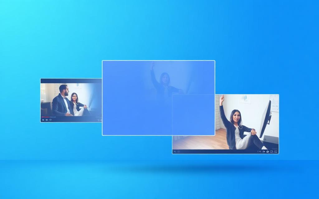 Floating video content panels on a blue gradient background