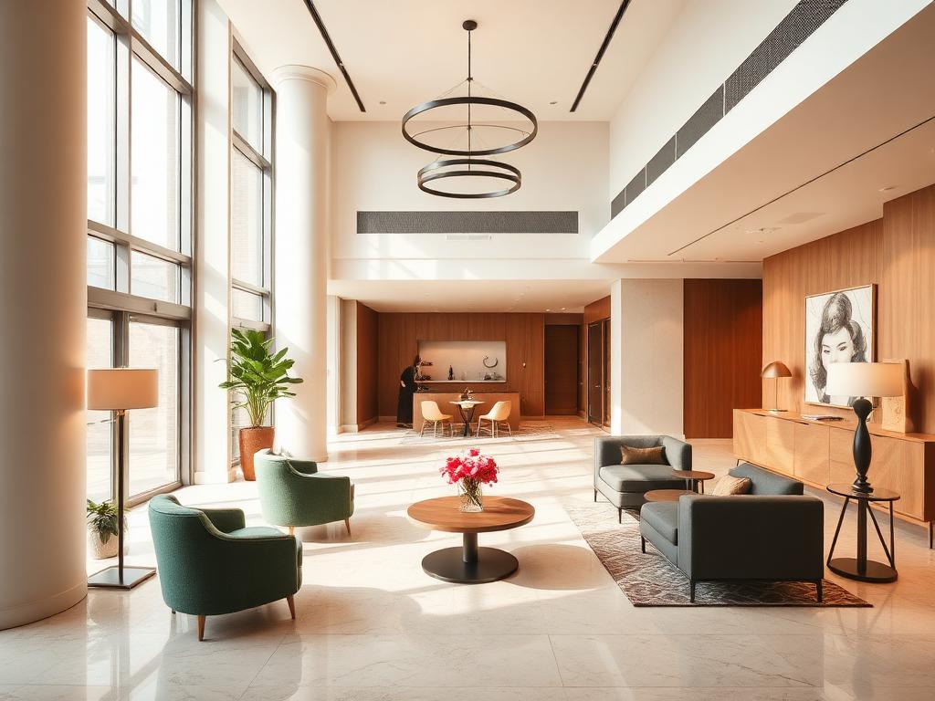 Bright modern hotel lobby with designer seating and natural light